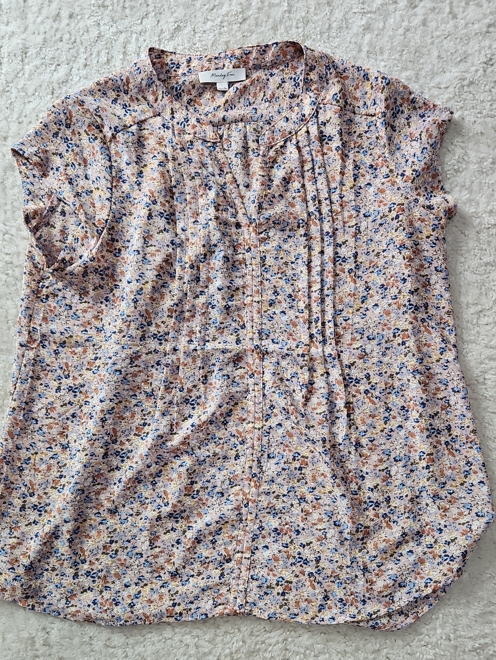 Pleated Floral Cap-Sleeve Blouse - Blue/Cream